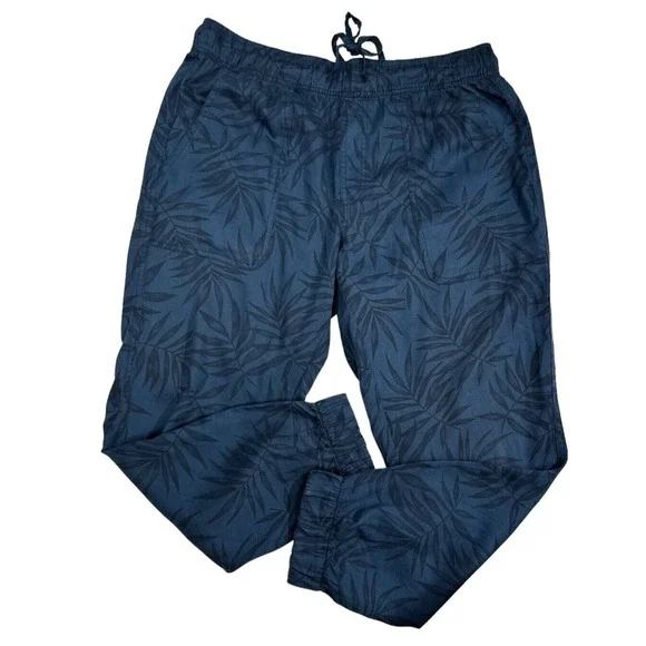 Orvis Size L Ankle Pants Blue w/ Black Leaf Pattern Elastic Waist & Ankles - Picture 2 of 5